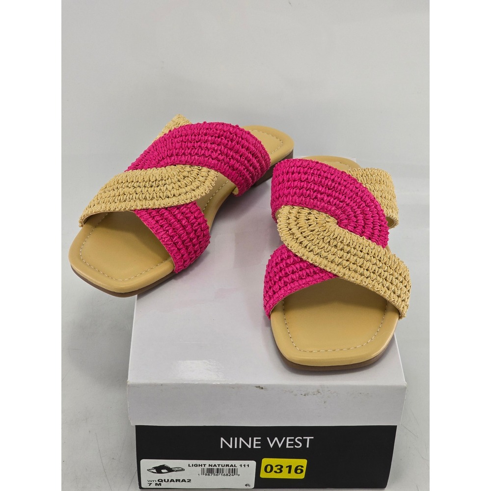 Nine West Quara2 Slide Sandals Womens 7 Pink Tan Woven Raffia - Excellent